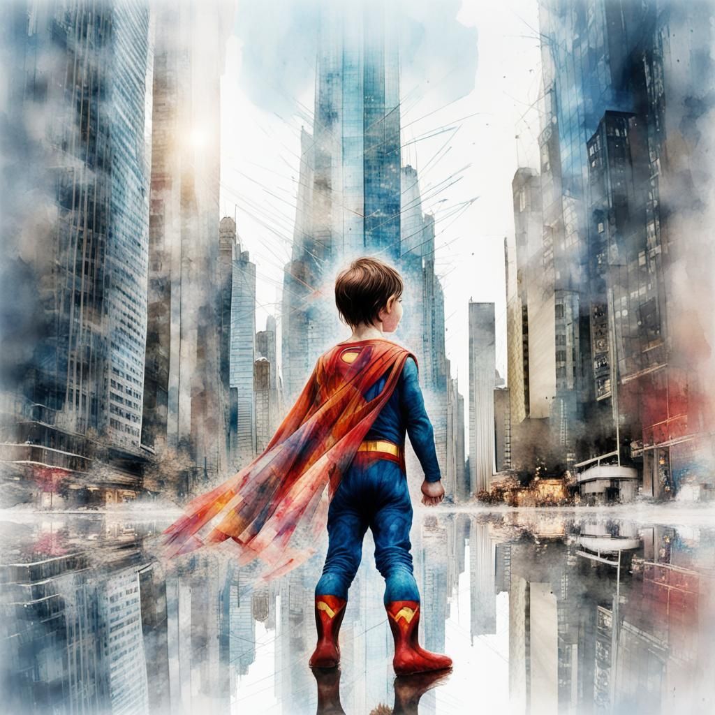 Little Superman in Reflected Cityscape, Digital Watercolor