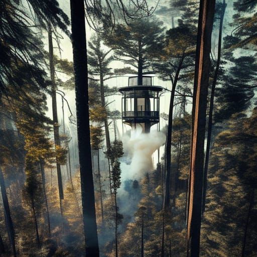 a view from inside of a fire lookout tower, onto a forest of only burning tree tops Epic cinematic brilliant stunning in...