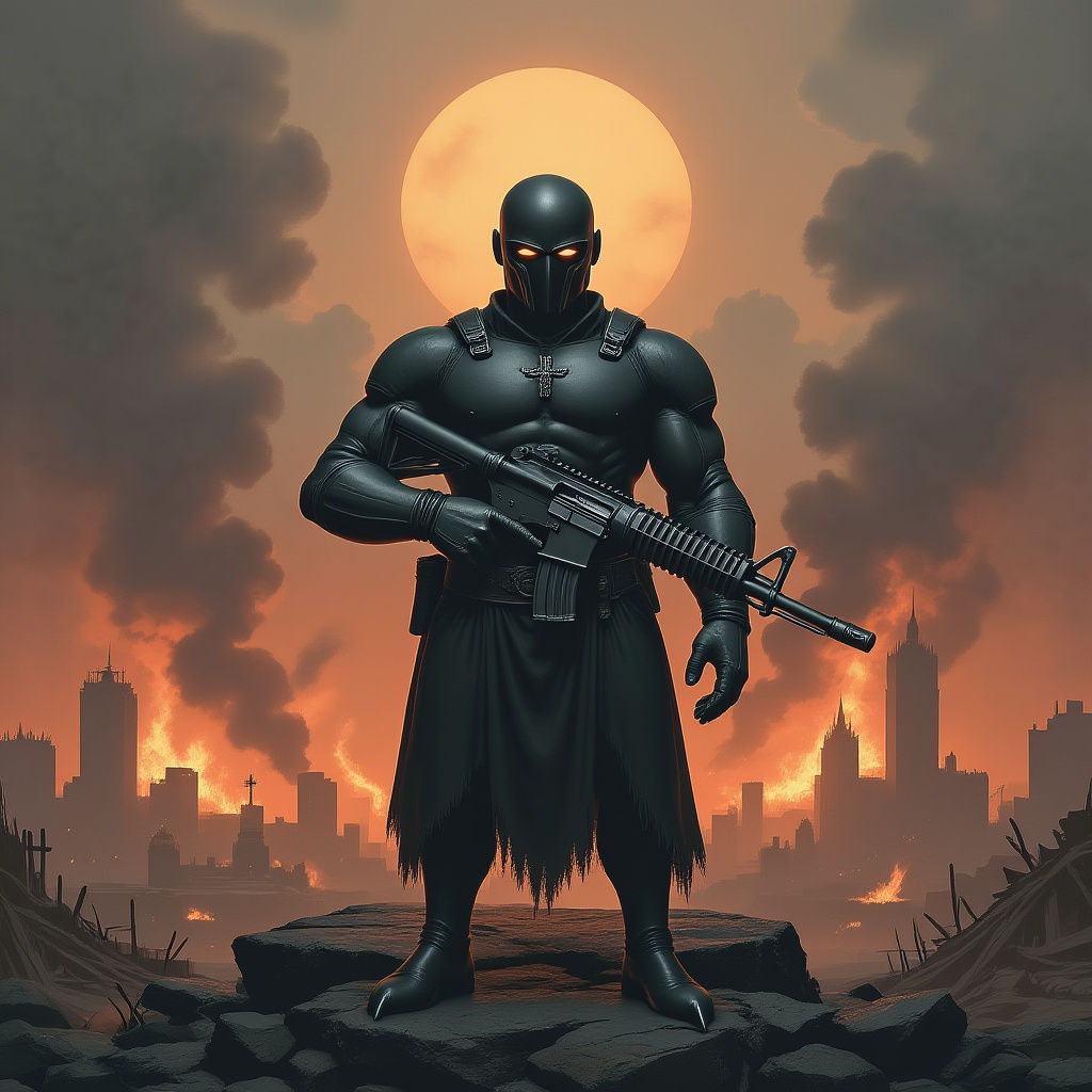 Ominous Figure Amidst Burning City Ruins