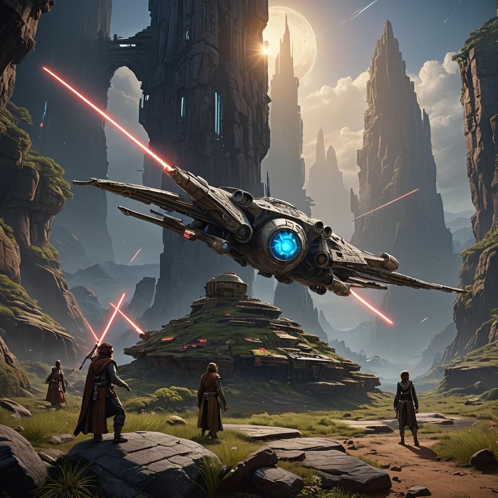 Jedi Counselor Piloting Starship in Detailed Matte Painting