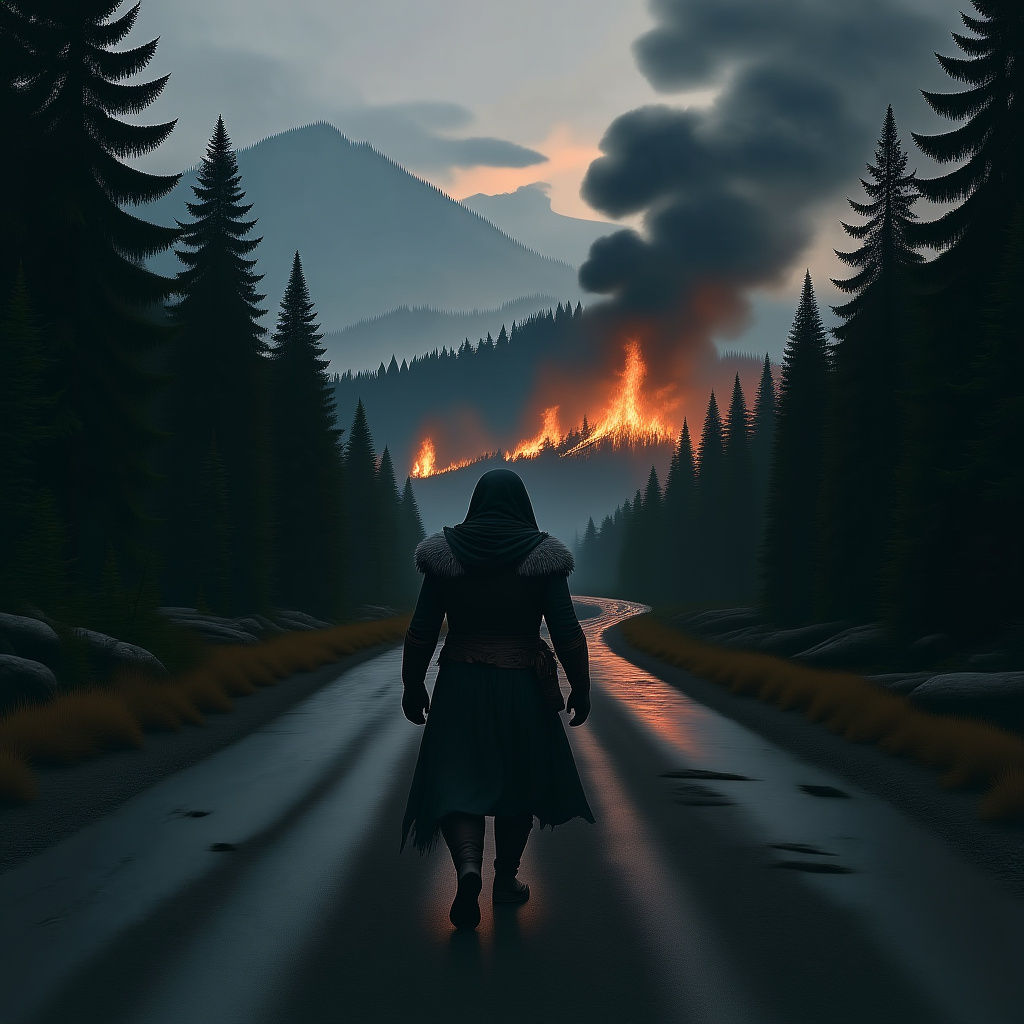Dark Fantasy Archer Amidst Burned Forest