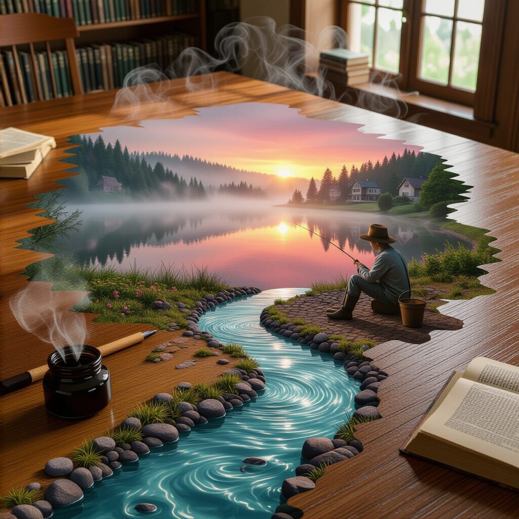 3D Holographic Landscape Pours from Inkwell onto Library Tab...