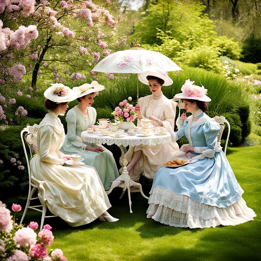 Victorian Ladies Garden Tea Party in Spring