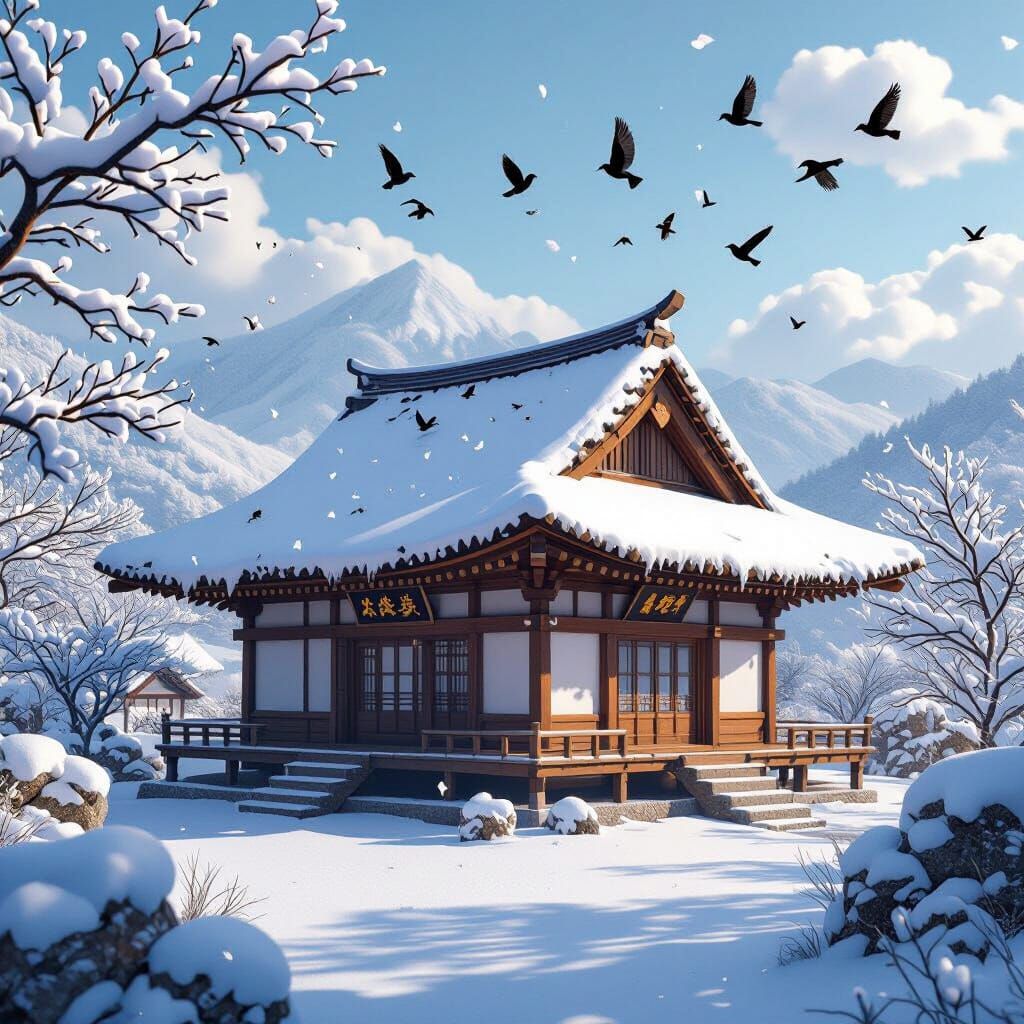 Korean Winter Scene in Vibrant 3D Anime Style