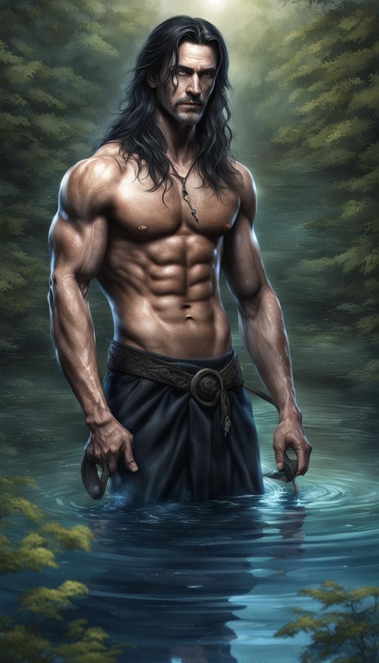 Handsome Male Witch Bathing in Forest Pond