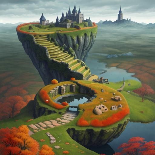 Surreal Castle in Sky: Isometric Autumn Landscape