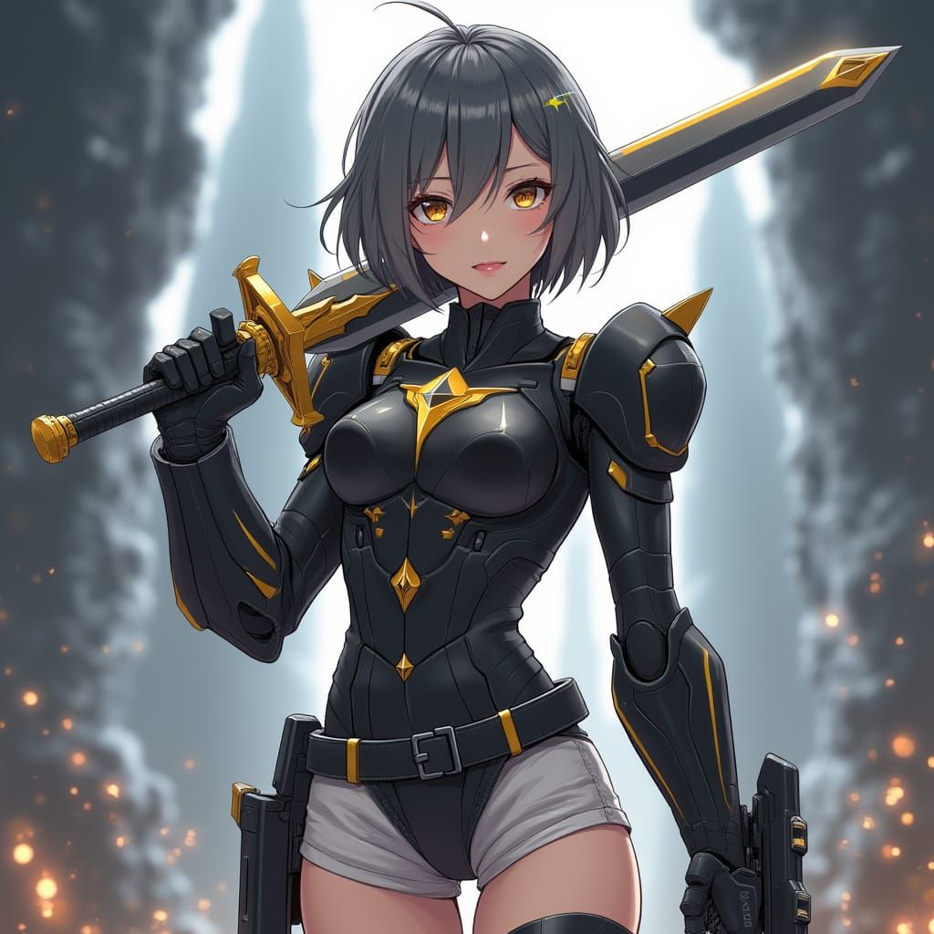 Anime Mecha Girl with Sword and Pistol in Sci-Fi Setting