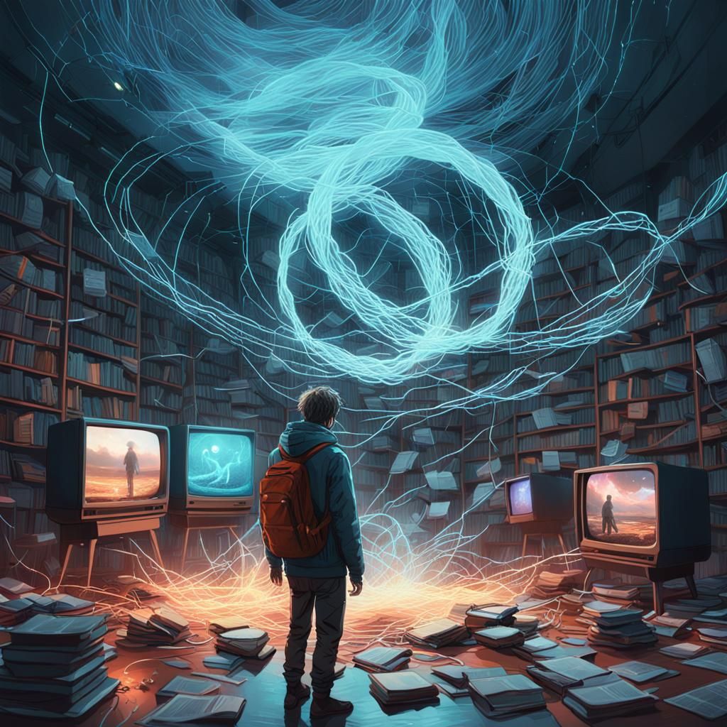 Person Intertwined With Social Media Threads in Art Deco