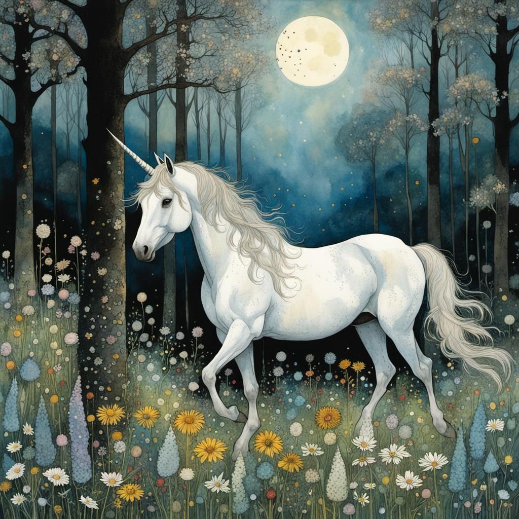 Unicorn in Wildflowers: Golden Age Illustration