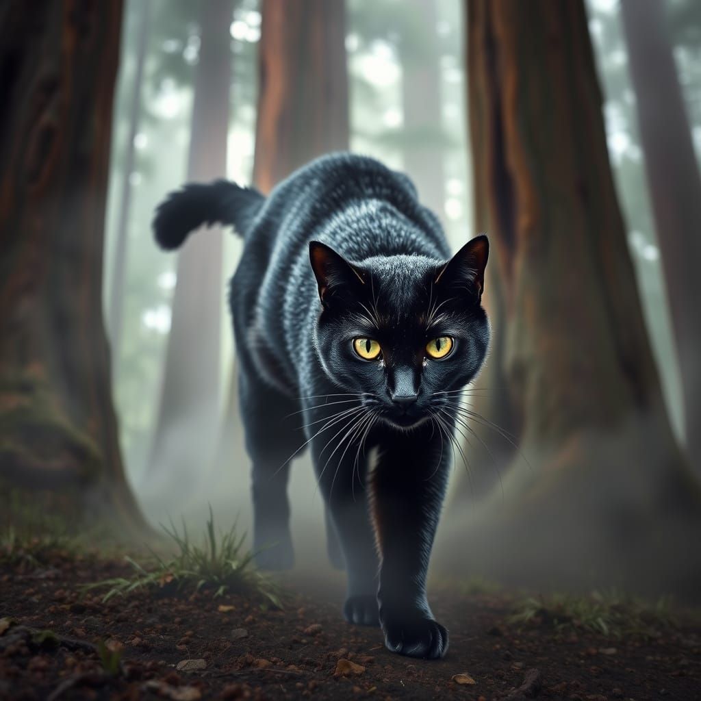 Majestic Black Cat in Ancient Redwood Forest