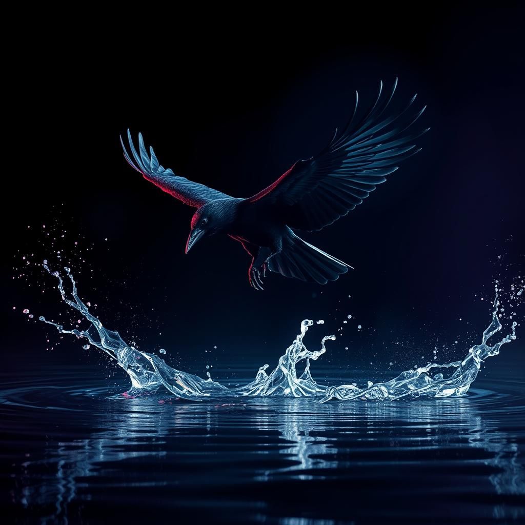 Raven in Water Splash, Dark Fantasy Art