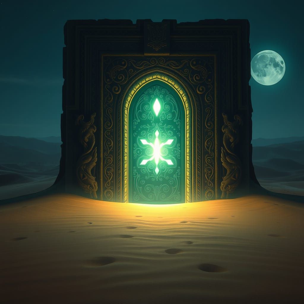 Mystical Glowing Door in Desert Landscape