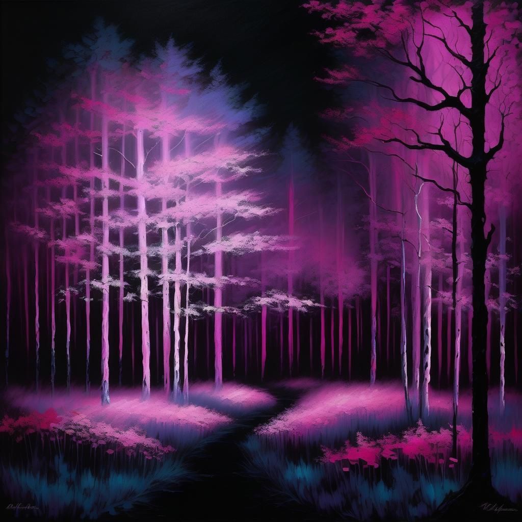 Blacklit Pink Forest in Impressionist Style