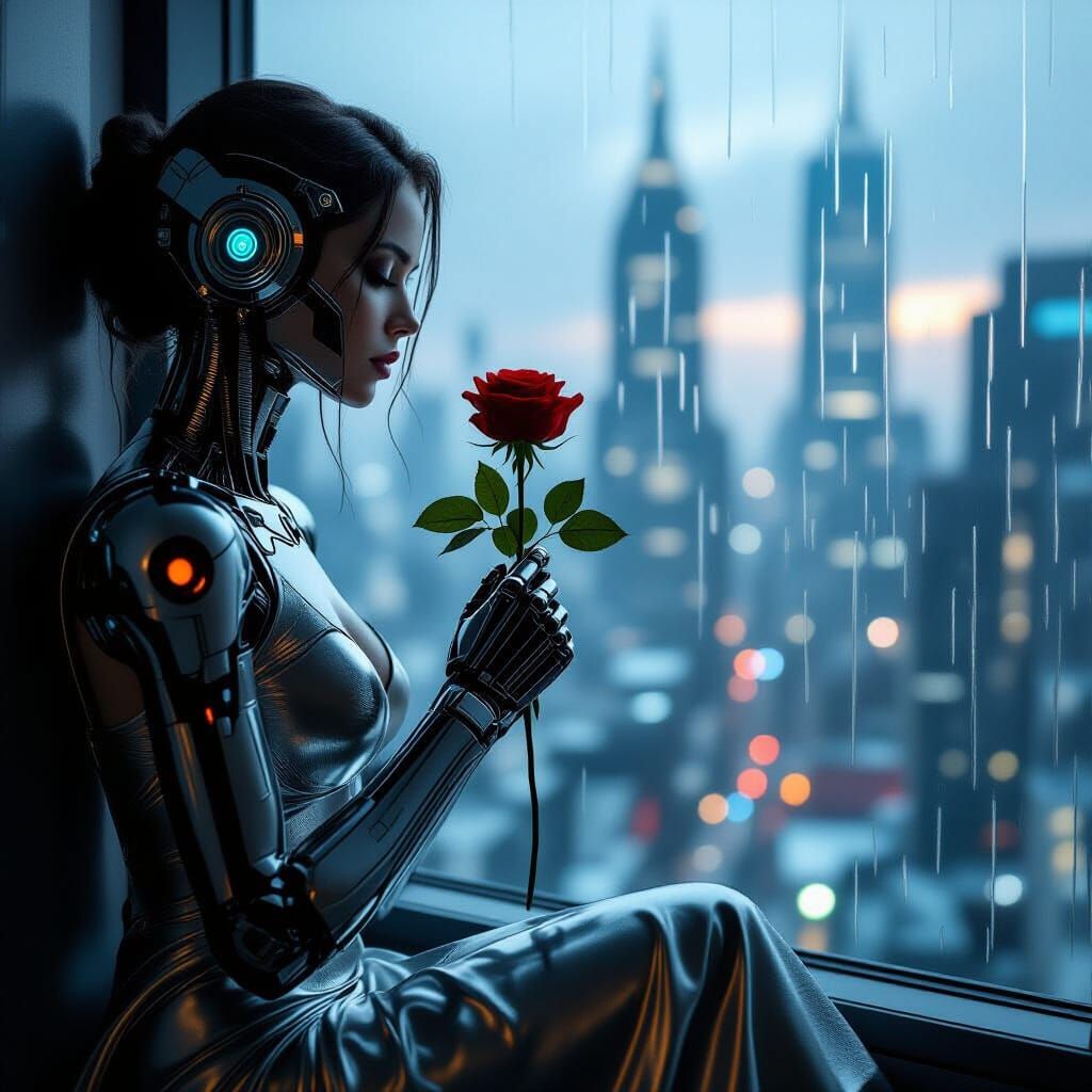 Melancholic Android Gazes Out Rain-Streaked Window