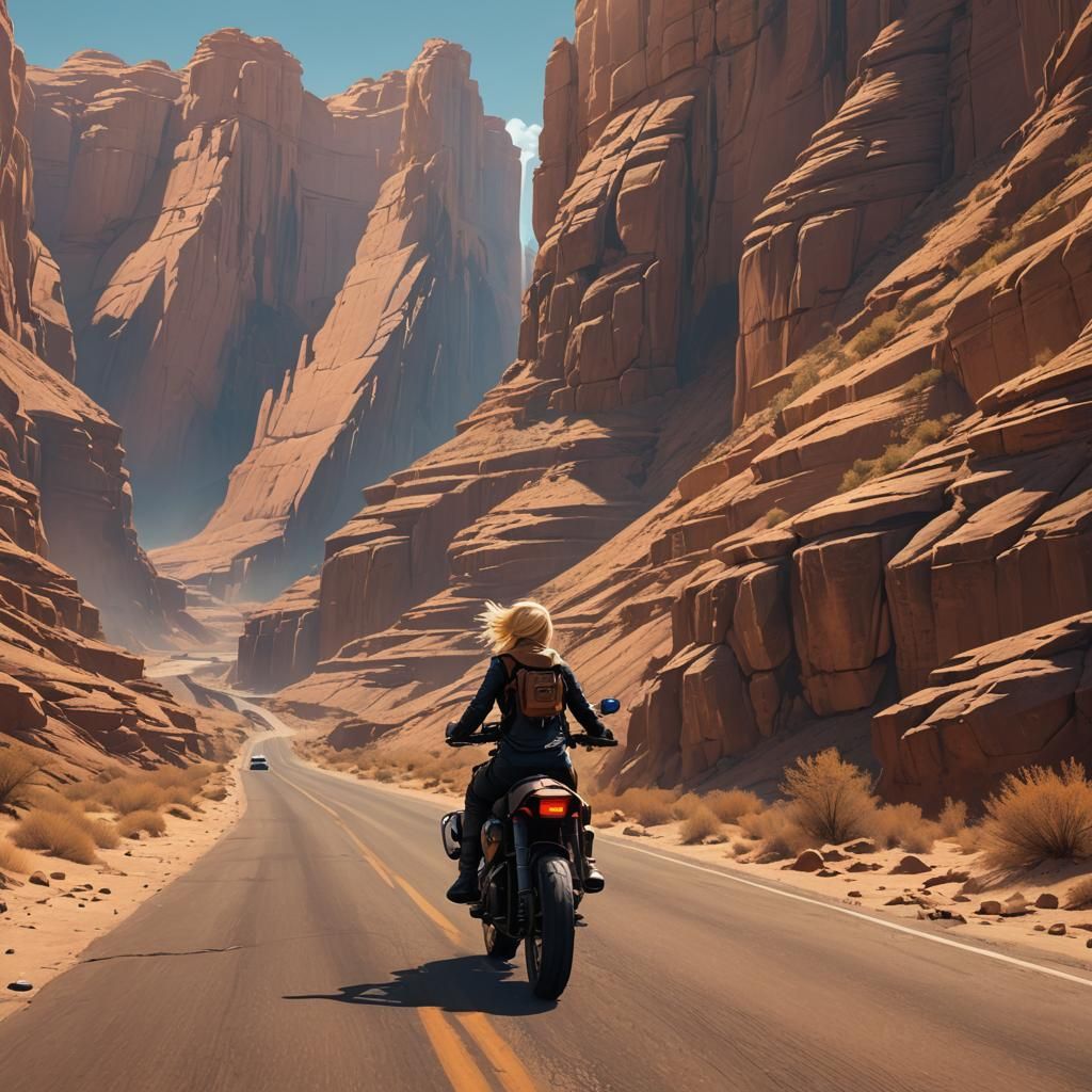 Motorcycle Ride Through Desert Canyon in Fantasy Art Style