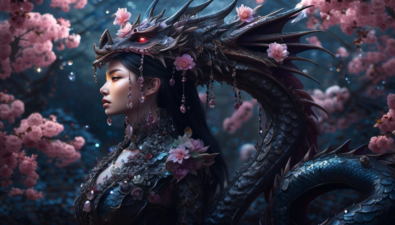 Dragon Girl Riding Dragon in Jewel-Adorned Armor