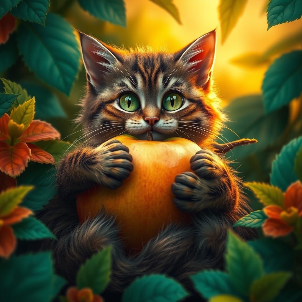 Whimsical Cat Enchants with Emerald Apple