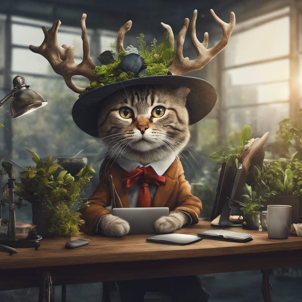 Surreal Cat in a Hat Landscape, Detailed Matte Painting