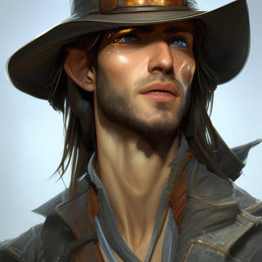 Wood Elf Rogue Cowboy Portrait in Hyperdetailed Style