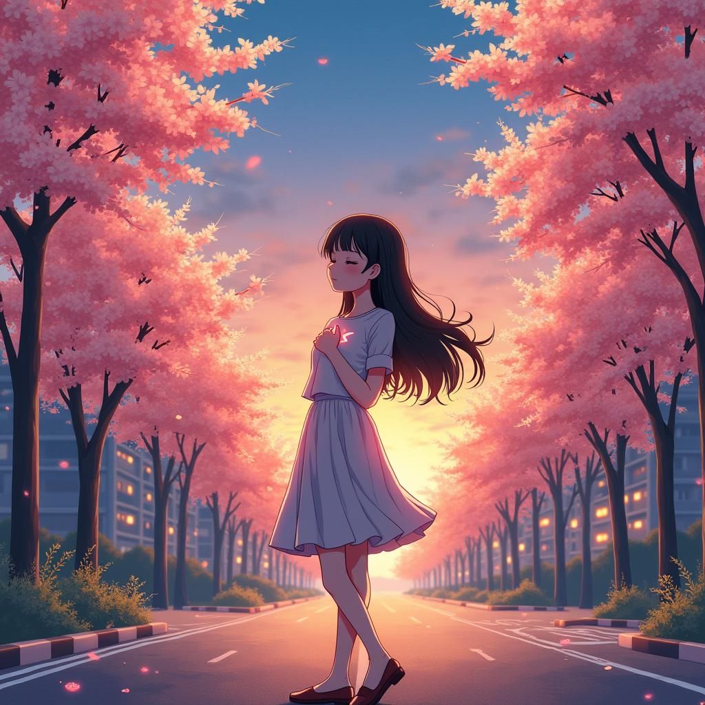 Anime Woman at Crossroads with Cherry Blossoms