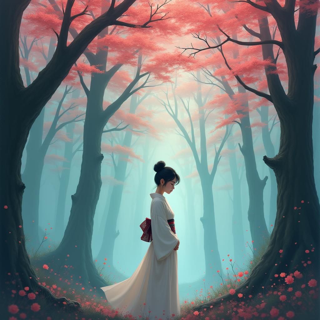 Contemplative Woman in Misty Cherry Blossom Forest