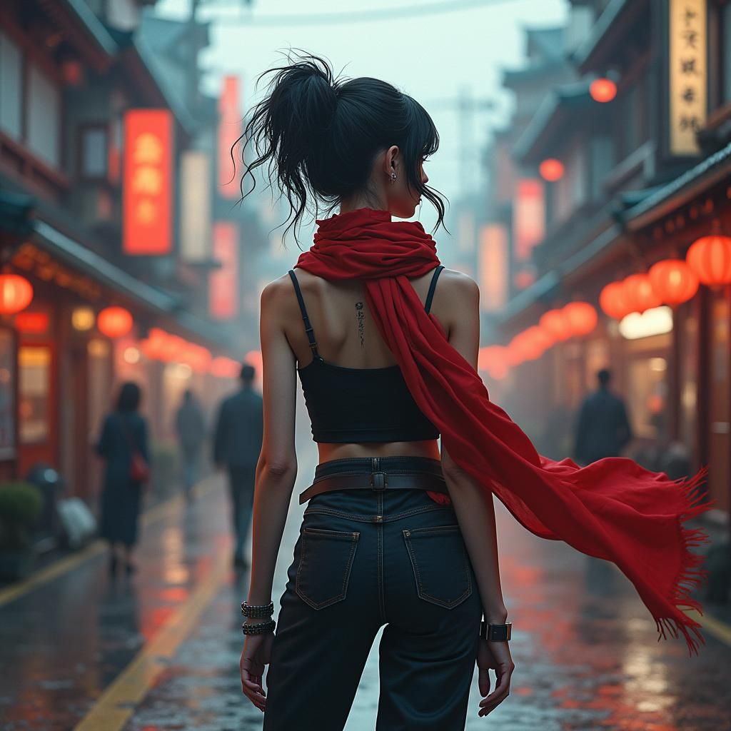 Woman at Tokyo Crossroads in Digital Art Style