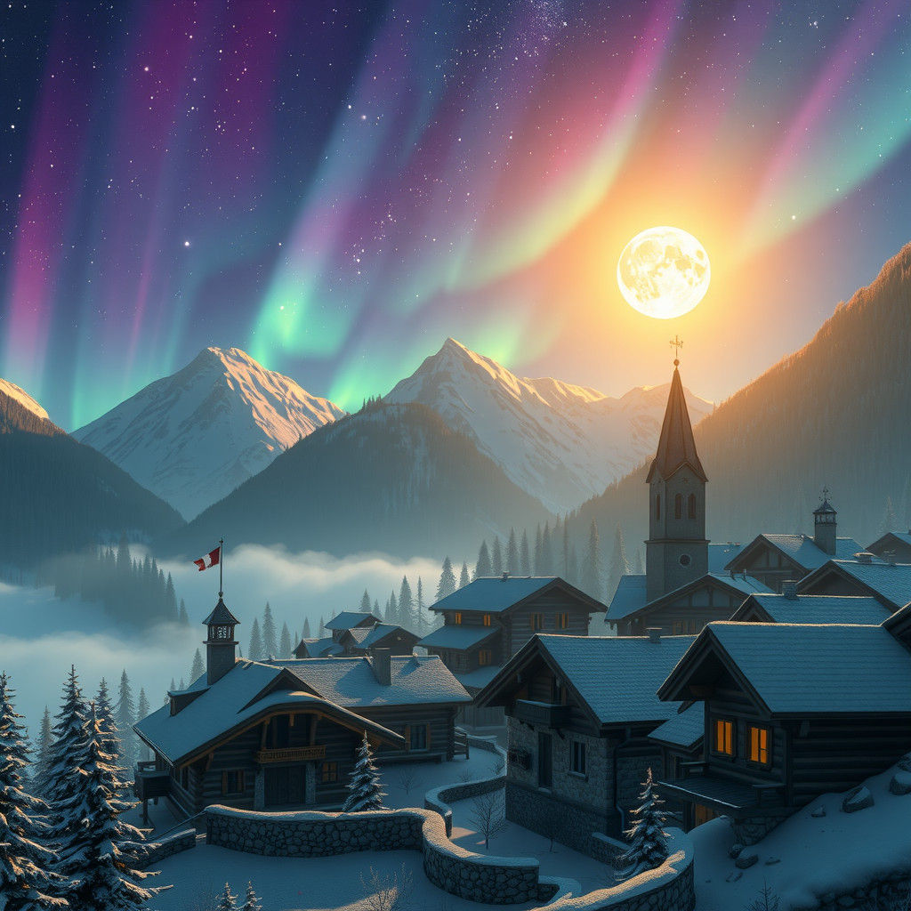 Alpine Village Under Aurora Borealis in Anime Style