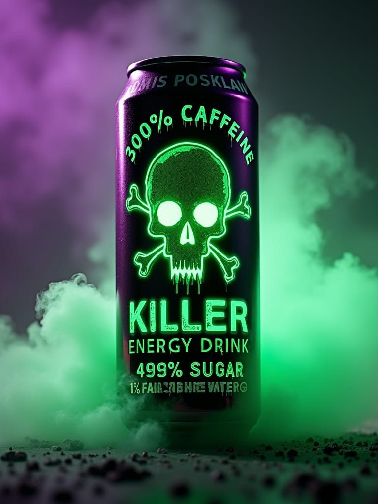 Ominous Energy Drink with Glowing Skull and Crossbones