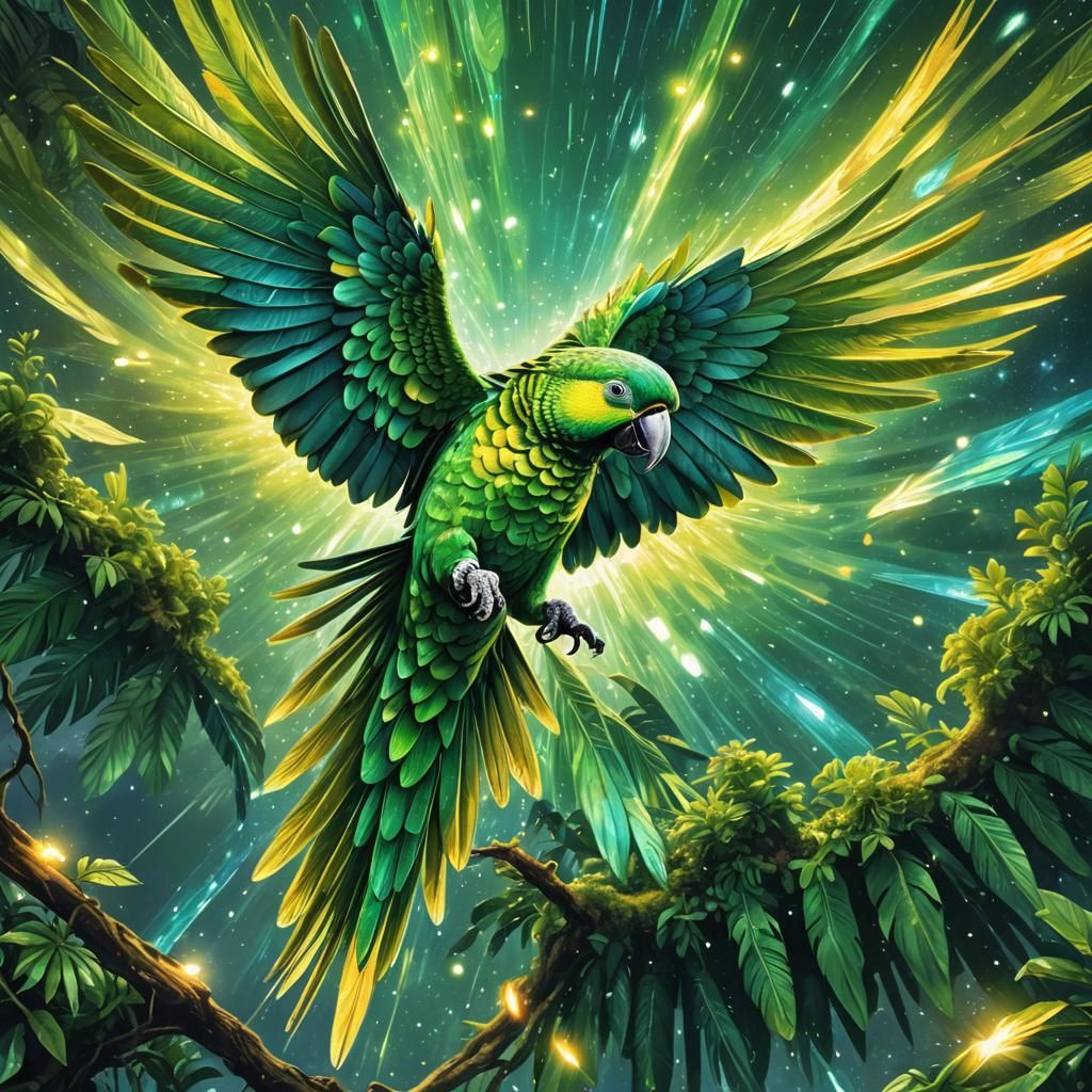 Green Parrot Spreading Wings in Cosmic Illustration