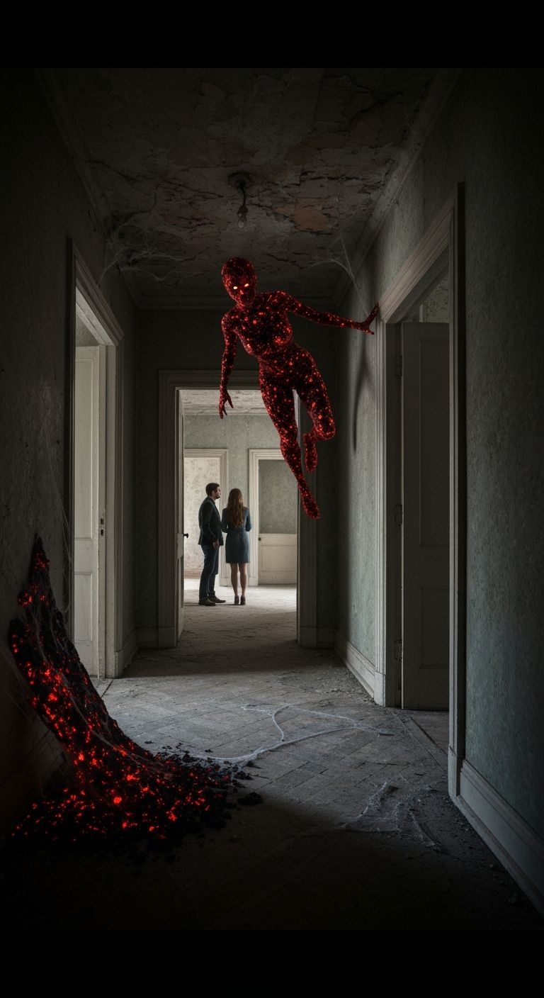 Ethereal Entity Haunts Crumbling Hallway: Cinematic Still