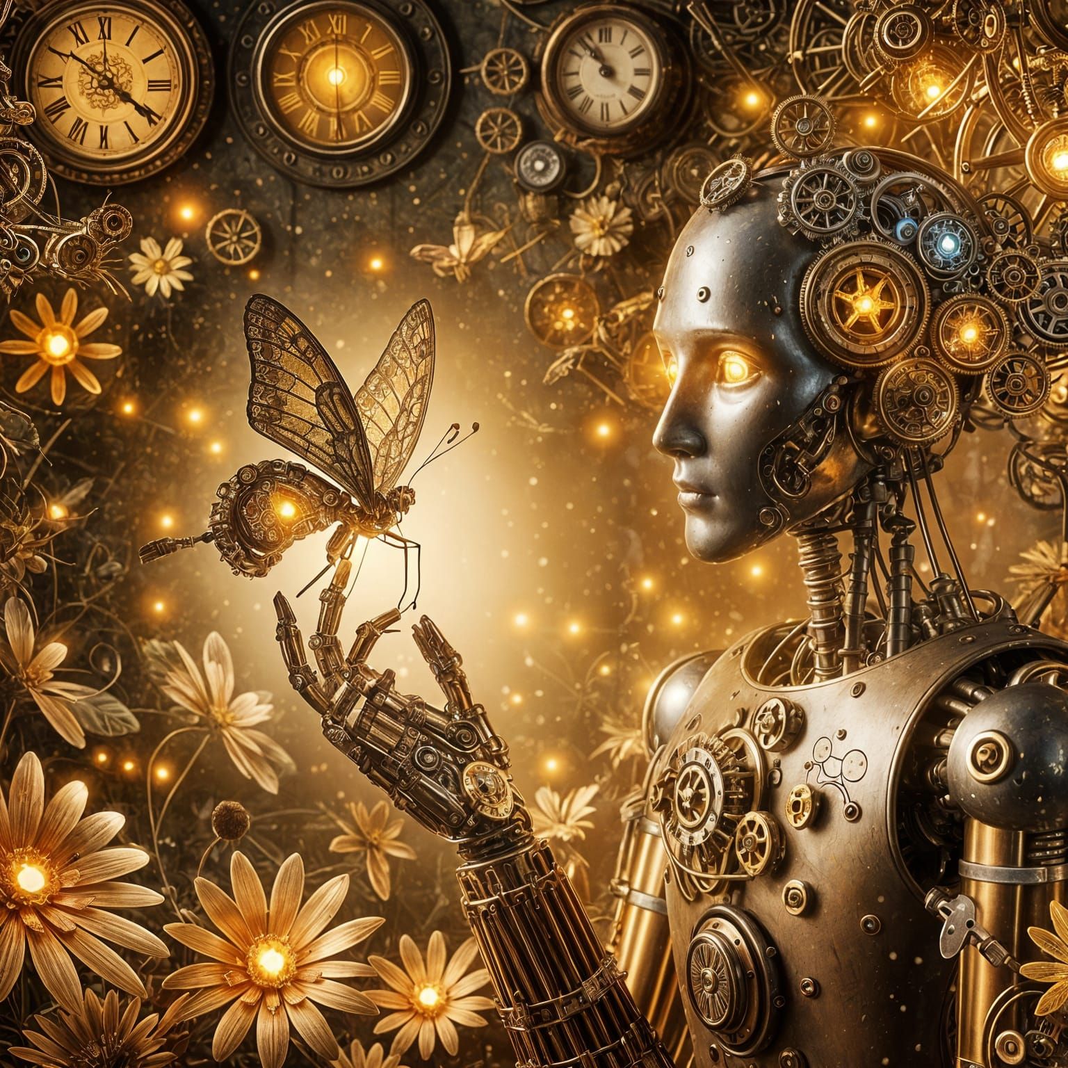 Steampunk Robot Contemplates Mechanical Butterfly Amidst Whi...