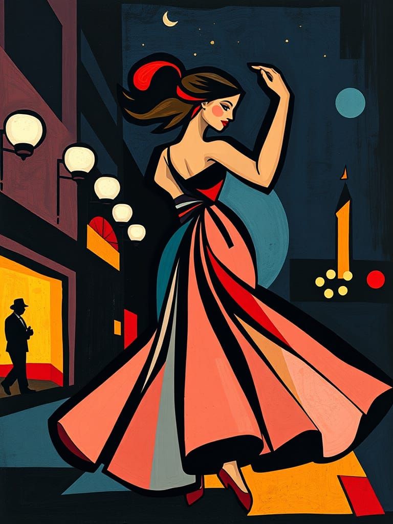Woman Dancing in Cubist Nightscape