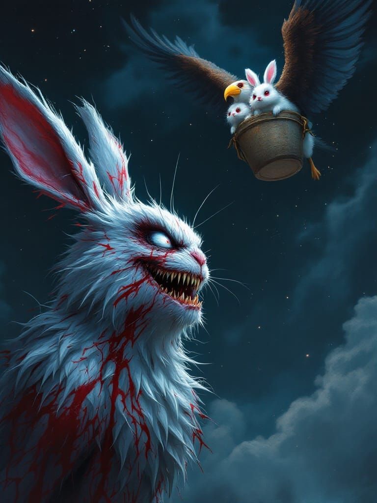 Menacing Rabbit Watches Bird Abduct Bunnies