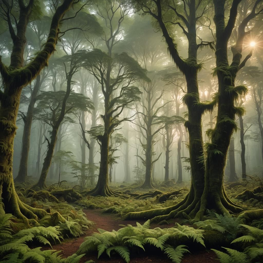 Misty Forest at Dawn: A Matte Painting in Ethereal Style