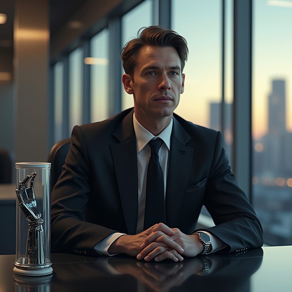 Cybernetic Businessman in High-Tech Office at Dusk