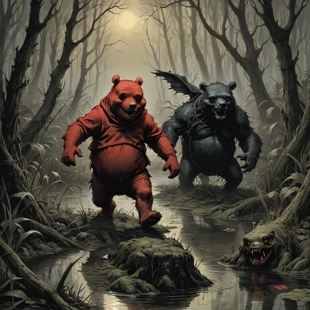Horror Winnie the Pooh Chasing Child in Swamp