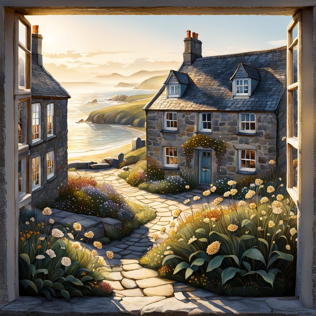 Cornish Village Botanical Art with Floral Accents