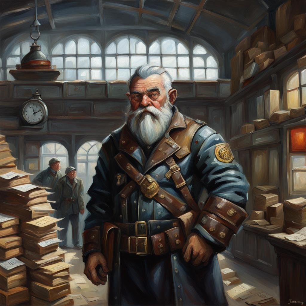 Dwarf Biker in Victorian Post Office, Oil Painting