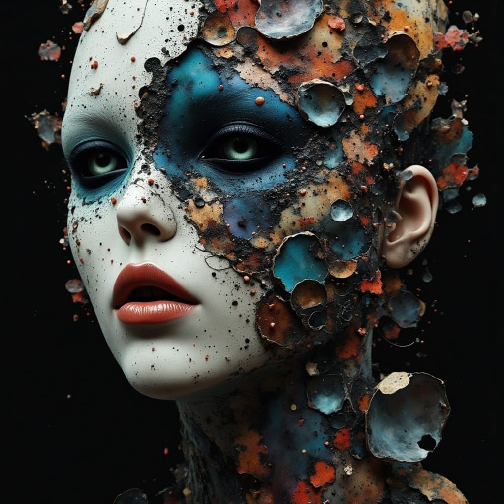 Surreal Mask with Black Opal Eyes Reflecting Hidden Turmoil