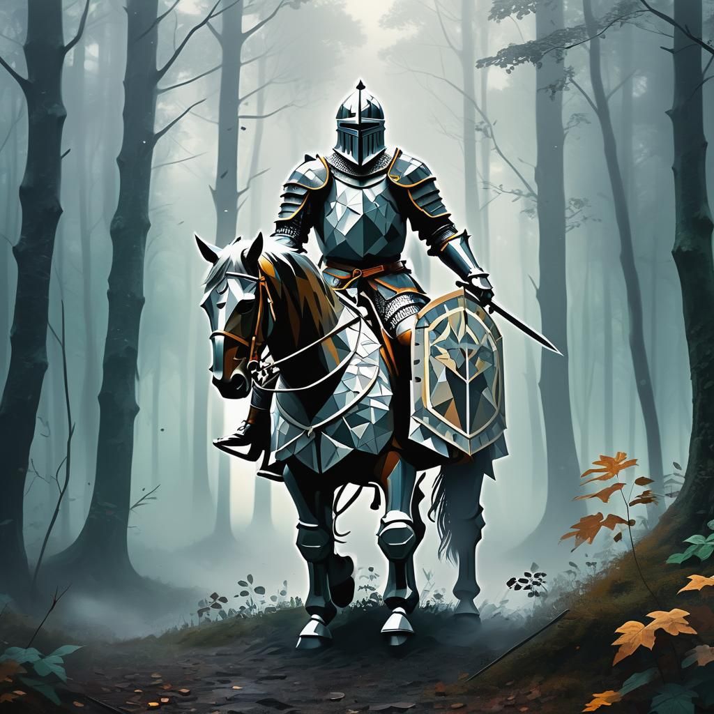 Knight in Misty Forest with Geometric Art