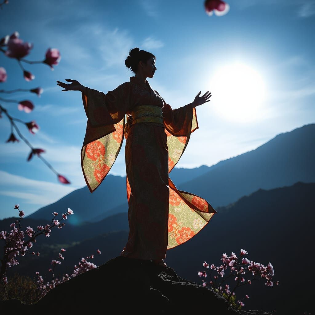Japanese Woman in Glass Kimono Silhouette on Mountain Top at...