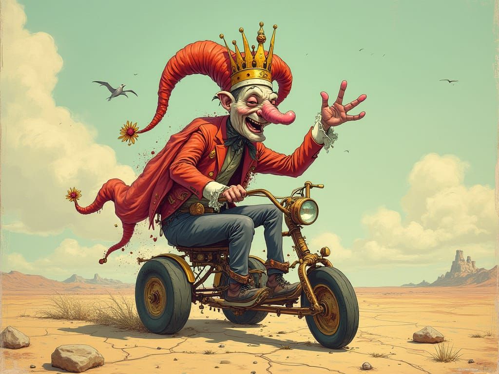 A comically arrogant fallen court jester wearing an oversize...