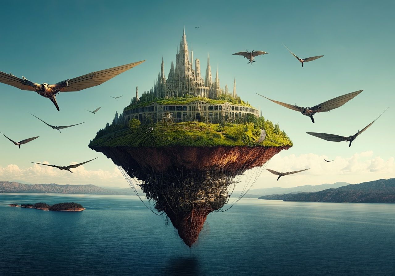 Flying Island Fantasy Arcology Biosphere Depth-Time-Colour-S...