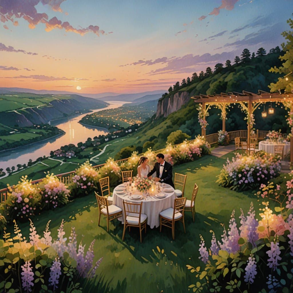 Romantic Whimsical Watercolor Wedding Scene at Sunset