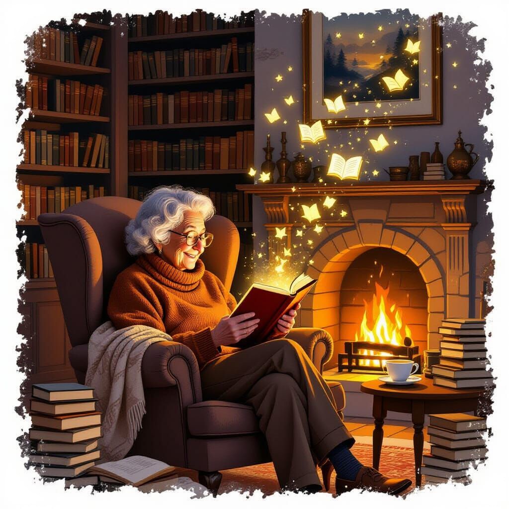 Elderly Reader Immersed in Book by Fireplace
