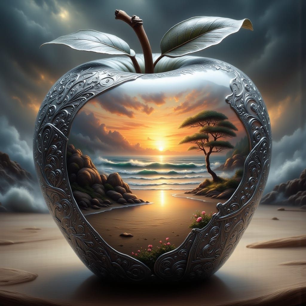 Apple with Landscape Painting and Silver Filigree