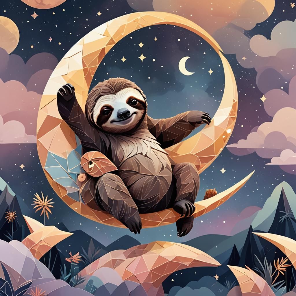 Sloth on Glowing Moon: Low-Poly Vector Art
