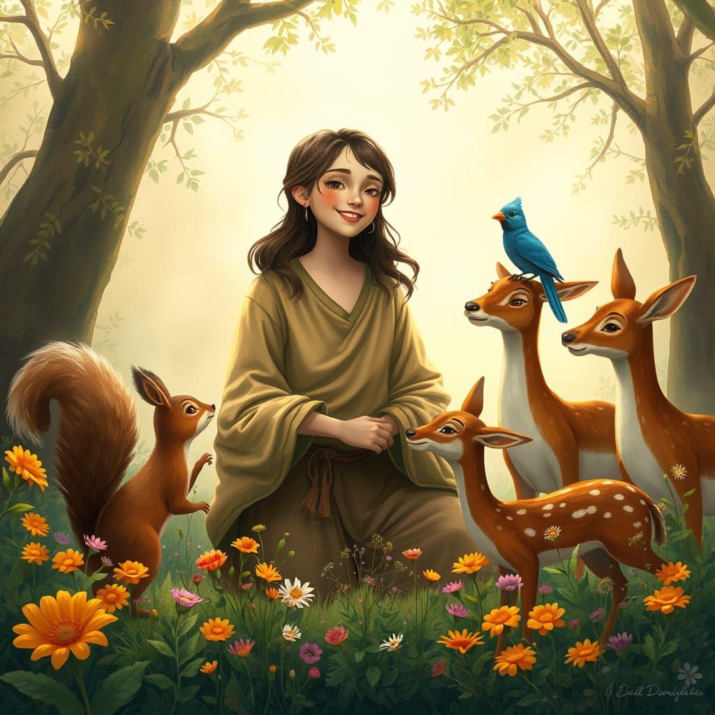 Human in Harmony with Nature Smiles with Whimsical Creatures