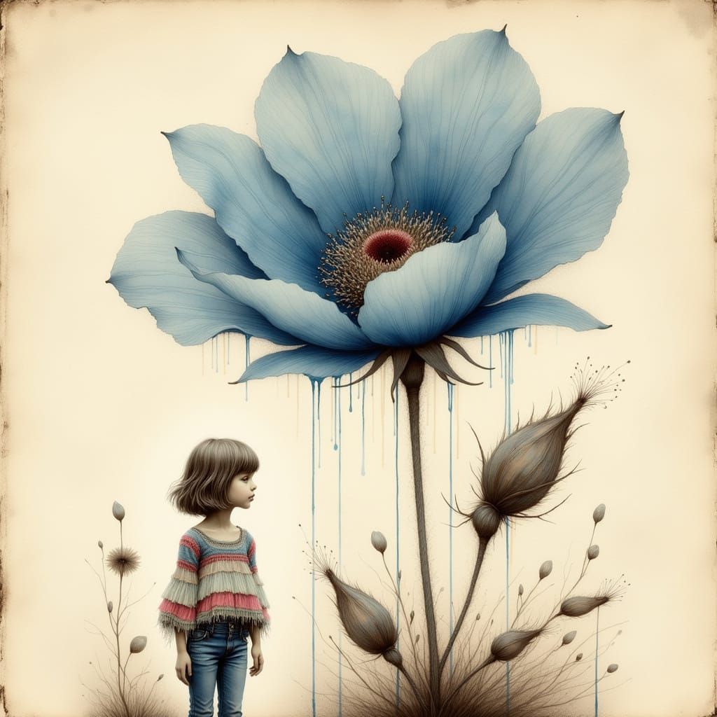 Vintage Girl Stares in Wonder at a Dreamlike Blue Bloom in B...