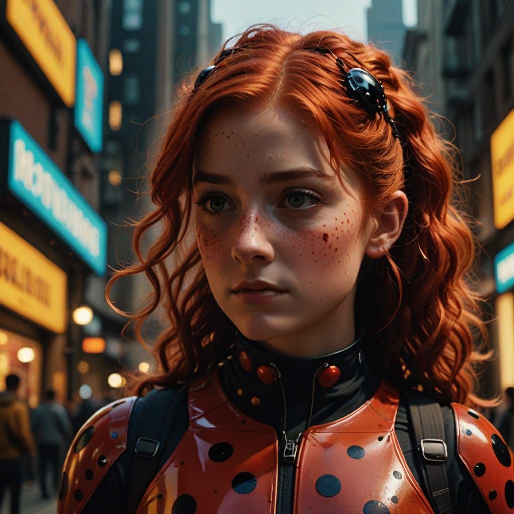 Ladybug Girl Portrait in Hyperrealistic Comic Book Style